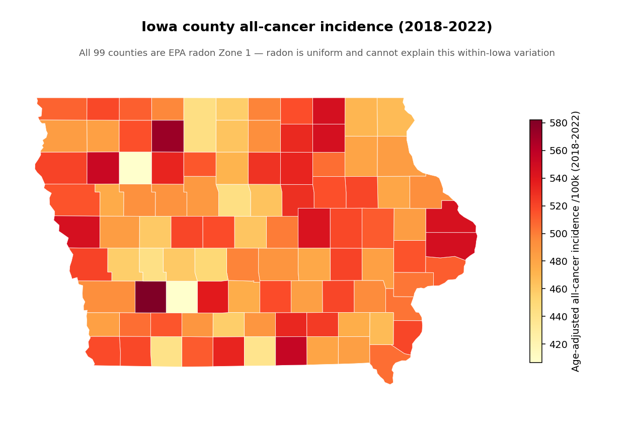 Iowa county all-cancer incidence choropleth